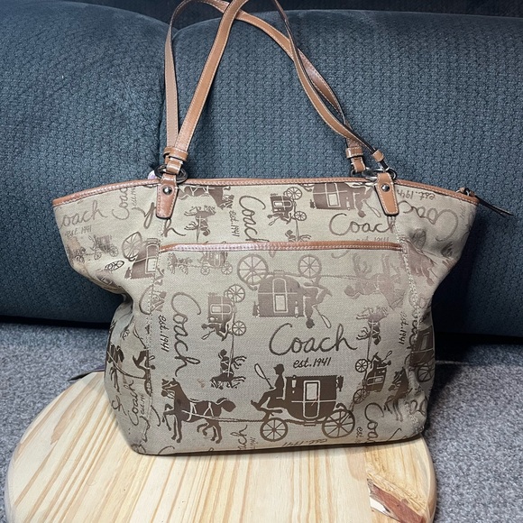 Coach Tan Shoulder Bag Purse with Purple Scarf AS IS - Picture 2 of 16